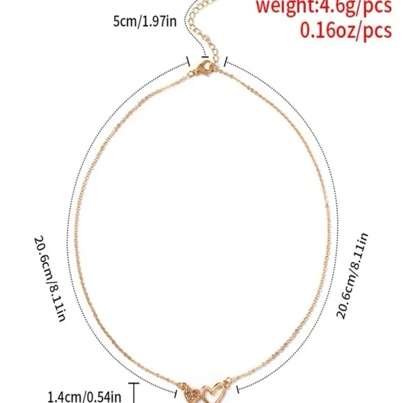 💕 Lovely Metallic Rhinestones Dainty Double Hearts Necklace 💕 - Picture 3 of 4